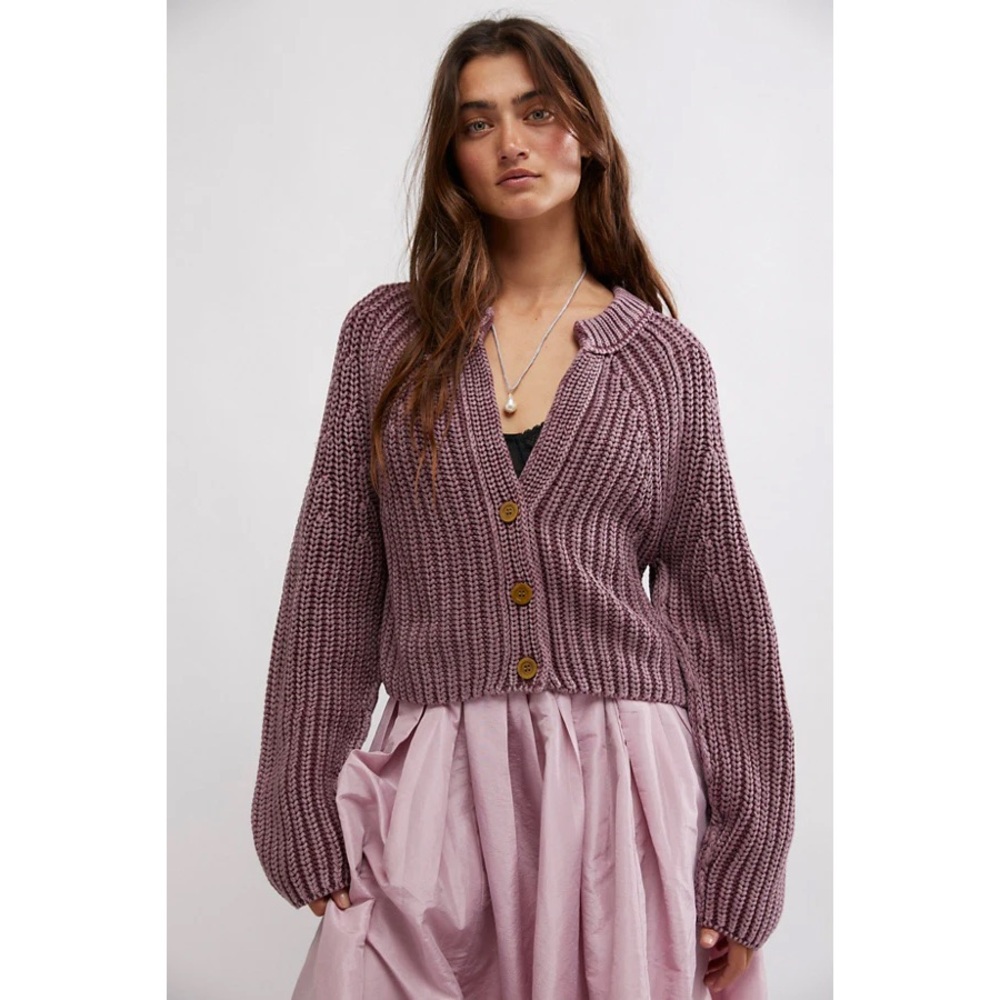 Free People Chunky Mauve Button-Front Cardigan
